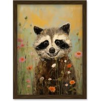 Wall Art Print Gleeful Raccoon Picking Flowers Oil Painting Red Blooms Spring Meadow Landscape Bedroom Artwork Framed A4 Brown
