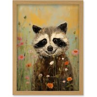Wall Art Print Gleeful Raccoon Picking Flowers Oil Painting Red Blooms Spring Meadow Landscape Bedroom Artwork Framed A4