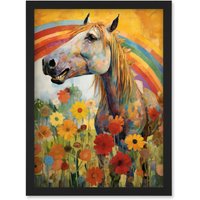 Artery8 Wall Art Print Girls Bedroom Nursery Artwork Rainbow Horse With Flowers Bright Colourful Happy Artwork Framed A4 in Black