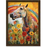 Artery8 Wall Art Print Girls Bedroom Nursery Artwork Rainbow Horse With Flowers Bright Colourful Happy Artwork Framed A4 in Brown