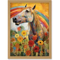 Artery8 Wall Art Print Girls Bedroom Nursery Artwork Rainbow Horse With Flowers Bright Colourful Happy Artwork Framed A4 in Light Oak
