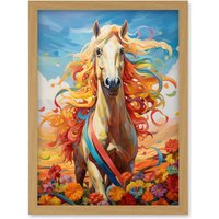 Artery8 Wall Art Print Girls Bedroom Nursery Artwork Fantasy Horse Colourful Mane Bright Bold Fun Happy Artwork Framed A4 in Light Oak