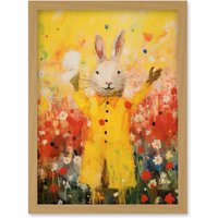 Artery8 Wall Art Print Rabbit in a Yellow Rain Mac Oil Painting Bright Floral Meadow Kids Bedroom Nursery Artwork Framed A4 in Light Oak