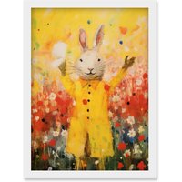 Artery8 Wall Art Print Rabbit in a Yellow Rain Mac Oil Painting Bright Floral Meadow Kids Bedroom Nursery Artwork Framed A4 in White