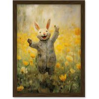 Artery8 Wall Art Print Tulips & Rabbit Watercolour Fun Kids Baby Nursery Artwork Framed A4 in Brown