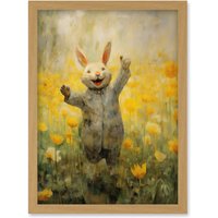 Artery8 Wall Art Print Tulips & Rabbit Watercolour Fun Kids Baby Nursery Artwork Framed A4 in Light Oak