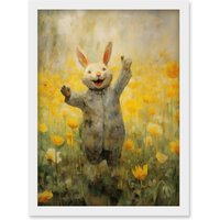Artery8 Wall Art Print Tulips & Rabbit Watercolour Fun Kids Baby Nursery Artwork Framed A4 in White