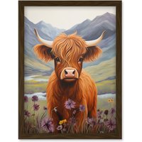 Artery8 Wall Art Print Kids Bedroom Nursery Artwork Highland Calf Cow in Heather & Cornflower Glen Scotland Artwork Framed A4 in Brown