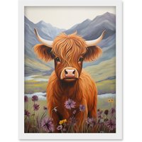 Artery8 Wall Art Print Kids Bedroom Nursery Artwork Highland Calf Cow in Heather & Cornflower Glen Scotland Artwork Framed A4 in White