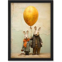 Artery8 Wall Art Print Cute Nursery Artwork Rabbits & Balloon Adventure Oil Painting Artwork Framed A4 in Black