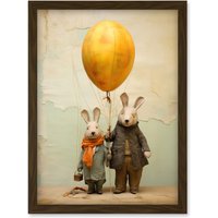 Artery8 Wall Art Print Cute Nursery Artwork Rabbits & Balloon Adventure Oil Painting Artwork Framed A4 in Brown