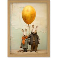 Artery8 Wall Art Print Cute Nursery Artwork Rabbits & Balloon Adventure Oil Painting Artwork Framed A4 in Light Oak