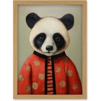 Artery8 Wall Art Print Panda Cub in Chinese Uniform Fun Kids Bedroom Artwork Framed A4 in Light Oak