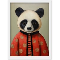 Artery8 Wall Art Print Panda Cub in Chinese Uniform Fun Kids Bedroom Artwork Framed A4 in White