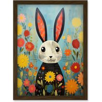 Artery8 Wall Art Print Funny Bunny Modern Floral Rabbit Animal Artwork for Kids Bedroom or Baby Nursery Artwork Framed A4 in Brown