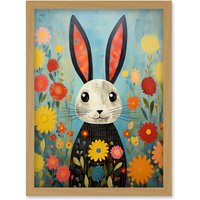 Artery8 Wall Art Print Funny Bunny Modern Floral Rabbit Animal Artwork for Kids Bedroom or Baby Nursery Artwork Framed A4 in Light Oak