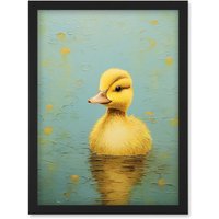 Artery8 Wall Art Print Duckling on the Water Oil Painting Yellow & Duck Egg Blue Baby Artwork Framed A4 in Black