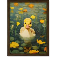Artery8 Wall Art Print Whirlpool Duckling Lily Pads & Flowers Kids Bedroom Nursery Artwork Framed A4 in Brown
