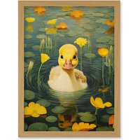 Artery8 Wall Art Print Whirlpool Duckling Lily Pads & Flowers Kids Bedroom Nursery Artwork Framed A4 in Light Oak