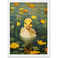 Artery8 Wall Art Print Whirlpool Duckling Lily Pads & Flowers Kids Bedroom Nursery Artwork Framed A4 in White
