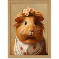 Artery8 Wall Art Print Cute Dressed Up Guinea Pig Girls Bedroom Artwork Framed A4 in Light Oak