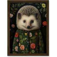 Artery8 Wall Art Print Hedgehog in Hedgerow Floral Jacket Cute Kids Bedroom Artwork Framed A4 in Brown
