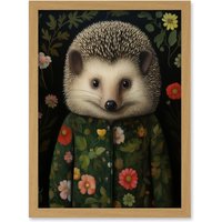 Artery8 Wall Art Print Hedgehog in Hedgerow Floral Jacket Cute Kids Bedroom Artwork Framed A4 in Light Oak