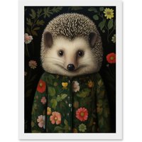Artery8 Wall Art Print Hedgehog in Hedgerow Floral Jacket Cute Kids Bedroom Artwork Framed A4 in White