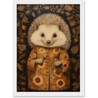 Artery8 Wall Art Print Autumn Hedgehog in Sunflower Robe Modern Artwork Framed A4 in White