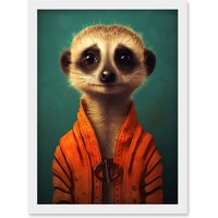 Artery8 Wall Art Print Meercat Portrait Orange Quilted Jacket on Teal Background Modern Artwork Framed A4 in White