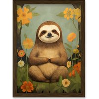 Artery8 Wall Art Print Smiling Sloth Meditating in Forest Flowers Kids Bedroom Artwork Framed A4 in Brown