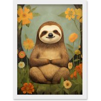 Artery8 Wall Art Print Smiling Sloth Meditating in Forest Flowers Kids Bedroom Artwork Framed A4 in White