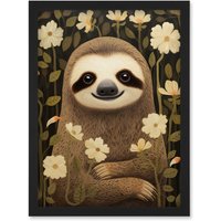 Artery8 Wall Art Print Sloth with Jasmine & Anemone Flowers Elegant Artwork Framed A4 in Black