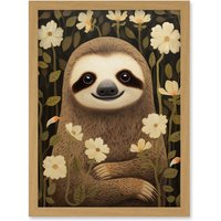 Artery8 Wall Art Print Sloth with Jasmine & Anemone Flowers Elegant Artwork Framed A4 in Light Oak