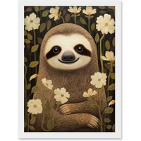 Artery8 Wall Art Print Sloth with Jasmine & Anemone Flowers Elegant Artwork Framed A4 in White