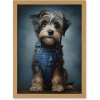 Artery8 Wall Art Print Adorable Snorkie Dog in Blue Jean Dungarees Realistic Artwork Fun Pet Portrait Artwork Framed A4 in Light Oak