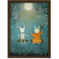 Artery8 Wall Art Print Rabbits on a Swing with Moonlit Butterflies Calming Baby Nursery Artwork Framed A4 in Brown