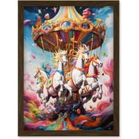 Artery8 Wall Art Print Magical Carousel in Rainbow Clouds Bright Bold Vibrant Fantasy Kids Bedroom Baby Nursery Artwork Framed A4 in Brown