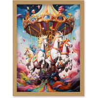 Wall Art Print Magical Carousel Clouds Bright Bold Vibrant Fantasy Bedroom Nursery Artwork Framed A4 Light Oak
