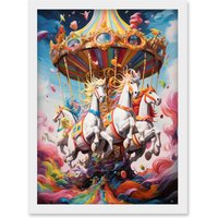 Artery8 Wall Art Print Magical Carousel in Rainbow Clouds Bright Bold Vibrant Fantasy Kids Bedroom Baby Nursery Artwork Framed A4 in White