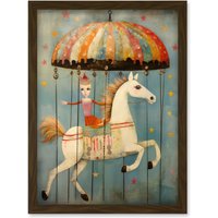 Artery8 Wall Art Print Folk Art Whimsical Carousel Fairground Kids Girls Bedroom Artwork Soft Pastel Horse Artwork Framed A4 in Brown