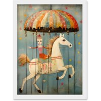 Artery8 Wall Art Print Folk Art Whimsical Carousel Fairground Kids Girls Bedroom Artwork Soft Pastel Horse Artwork Framed A4 in White