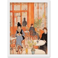 Artery8 Wall Art Print A Bustling Parisian Cafe in the Style of Toulouse Lautrec Paris French Orange Artwork Framed A4 in White