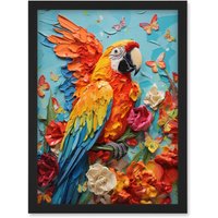 Artery8 Wall Art Print Vibrant Macaw Parrot Heavy Oil Paint with Butterflies & Flowers High Texture Artwork Framed A4 in Black
