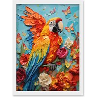 Artery8 Wall Art Print Vibrant Macaw Parrot Heavy Oil Paint with Butterflies & Flowers High Texture Artwork Framed A4 in White