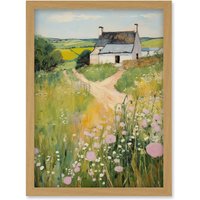 Artery8 Wall Art Print Country Farmhouse Cottage Scene Traditional Landscape Oil Painting Meadows Countryside Summer Artwork Framed A4 in Light Oak