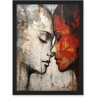 Artery8 Wall Art Print Affection Thick Paint Oil Painting Red Bold Blue Gay Lovers Emotional Connection Women Love Lesbian Artwork Framed A4 in Black