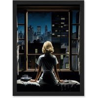 Artery8 Wall Art Print Alfred Hitchcock Rear Window Inspired Hyperrealist Painting Watching Neighbours at Night Artwork Framed A4 in Black