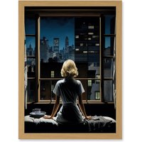 Artery8 Wall Art Print Alfred Hitchcock Rear Window Inspired Hyperrealist Painting Watching Neighbours at Night Artwork Framed A4 in Light Oak