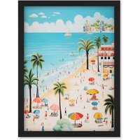 Artery8 Wall Art Print Day at the Beach Summer Holidays Stylised Artwork Pastel Colour Vacation Tourists Coastal Landscape Artwork Framed A4 in Black